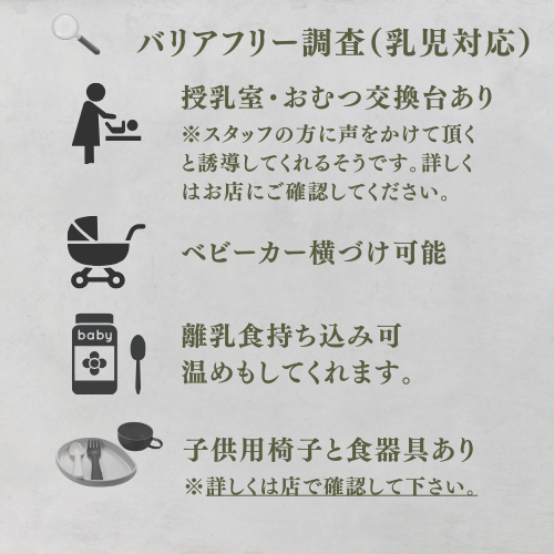 バリアフリー調査（乳児対応）
授乳室・おむつ交換台あり
ベビーカー横づけ可能
離乳食持ち込み可能
温めもしてくれます
子供用の食器具あり
子供用椅子　あり