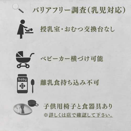 バリアフリー調査（乳児対応）
授乳室・おむつ交換台なし
ベビーカー横づけ可能
離乳食持ち込み不可
子供用の食器具あり
子供用椅子　あり