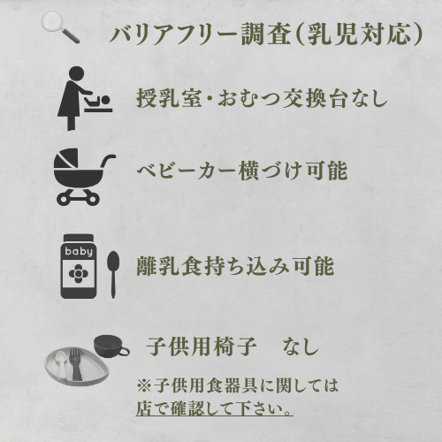 乳児対応
授乳室・おむつ交換台なし
ベビーカー横づけ可能
離乳食持ち込み可能
子供用椅子なし。
子供用食器具に関しては店で確認して下さい