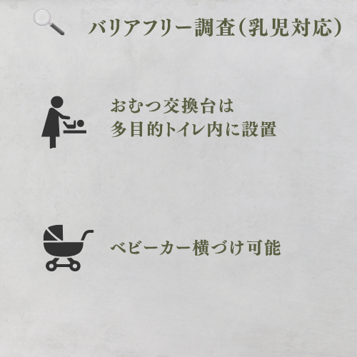 おむつ交換台は多目的トイレ内に設置
ベビーカー横づけ可能