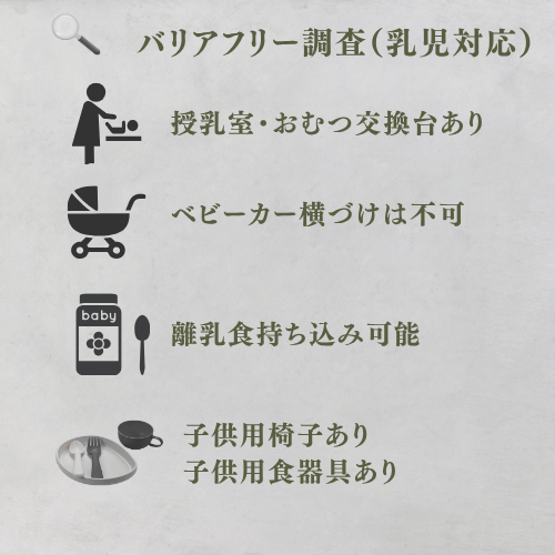 乳児対応
授乳室・おむつ交換台あり
ベビーカー横づけ不可
離乳食持ち込み可能
子供用椅子あり。
子供用食器具あり。
