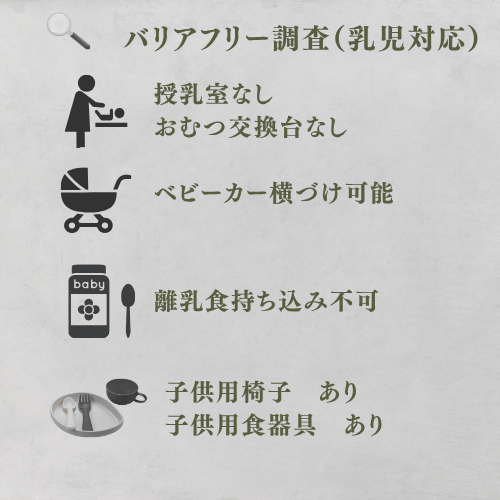 乳児対応
授乳室なし
おむつ交換台なし
ベビーカー横づけ可能
離乳食持ち込み不可
子供用椅子あり。
子供用食器具あり。