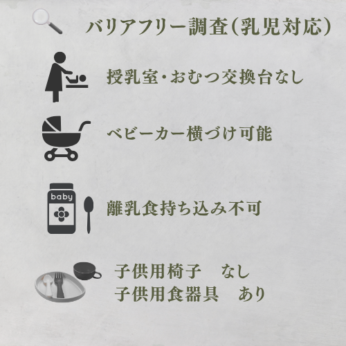 乳児対応
授乳室・おむつ交換台なし
ベビーカー横づけ可能
離乳食持ち込み不可
子供用椅子なし。
子供用食器具あり。