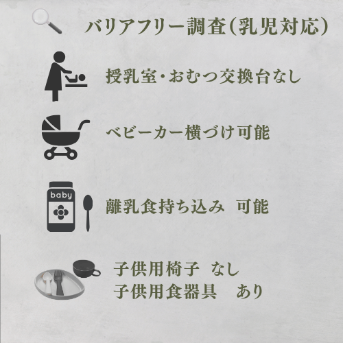 乳児対応
授乳室なし
おむつ交換台なし
ベビーカー横づけ可能
離乳食持ち込み可能
子供用椅子なし
子供用食器具あり。
