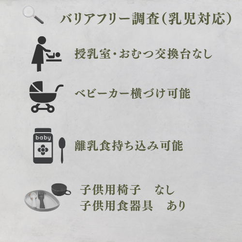 乳児対応
授乳室なし
おむつ交換台なし
ベビーカー横づけ可能
離乳食持ち込み可能
子供用椅子※お店で確認して下さい
子供用食器具あり。