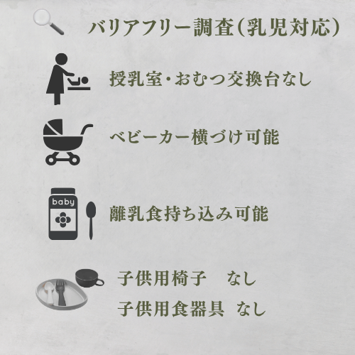乳児対応
授乳室なし
おむつ交換台なし
ベビーカー横づけ可能
離乳食持ち込み可能
子供用椅子 なし
子供用食器具なし