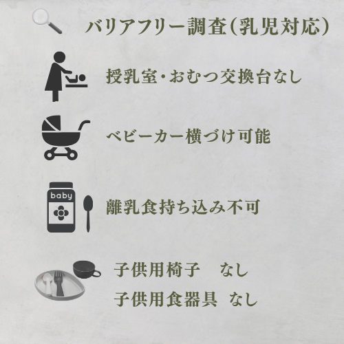 乳児対応
授乳室なし
おむつ交換台なし
ベビーカー横づけ可能
離乳食持ち込み不可
子供用椅子　なし
子供用食器具 なし