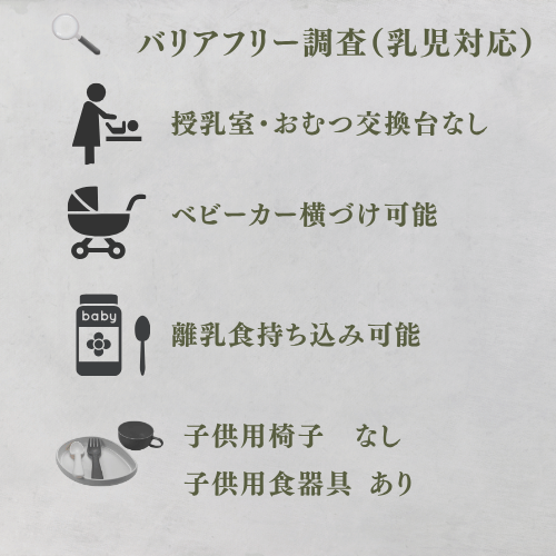 乳児対応
授乳室なし
おむつ交換台なし
ベビーカー横づけ可能
離乳食持ち込み可能
子供用椅子 なし
子供用食器具あり