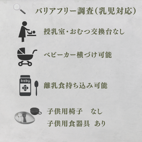乳児対応
授乳室なし
おむつ交換台なし
ベビーカー横づけ可能
離乳食持ち込み可能
子供用椅子　なし
子供用食器具 あり